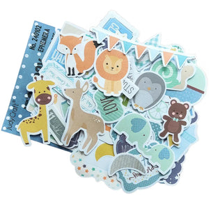 Stickers scrapbooking bébé : lot de découpes pastel, vue d'ensemble avec animaux, fanions et étiquettes