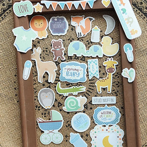 Découpes bébé pour scrapbooking : lion, girafe, renard et éléphant aux tons bleus et vert d'eau