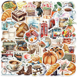 Stickers voyage scrapbooking, sélection aquarelle : cafés, monuments, transports et nature