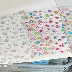 Strass autocollants scrapbooking, 3 planches assorties : cristal, nacré et multicolore vif