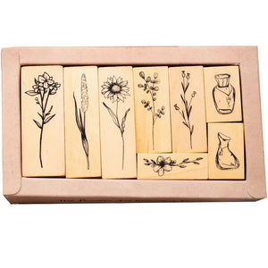 Tampon Fleur de Lotus scrapbooking, coffret fleurs et vase en bois