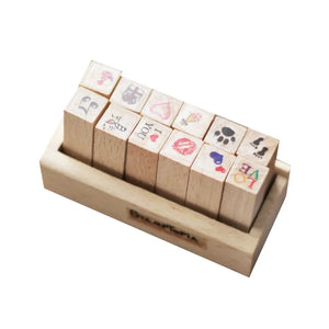 Coffret de 12 tampons Amour scrapbooking en bois : cœurs, I LOVE YOU, bisous et cadeau