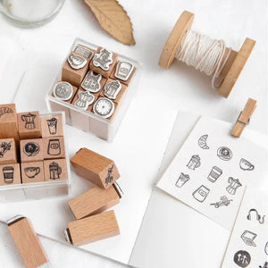 Tampons Cuisine scrapbooking en bois et empreintes des motifs café imprimées sur papier