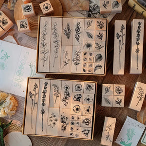 Tampon scrapbooking Fleur, deux coffrets de tampons végétaux en bois