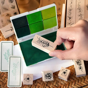 Tampon scrapbooking Fleur, tampon feuillage et encreur vert dégradé