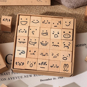 Tampon scrapbooking Heureux, coffret émoticônes en bois (visages)
