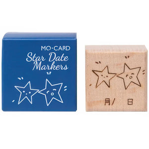 Tampon Nuit Magique scrapbooking en bois, deux étoiles souriantes avec date mois et jour