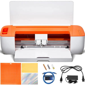 Machine de découpe scrapbooking ouverte avec tête de coupe sur tapis orange