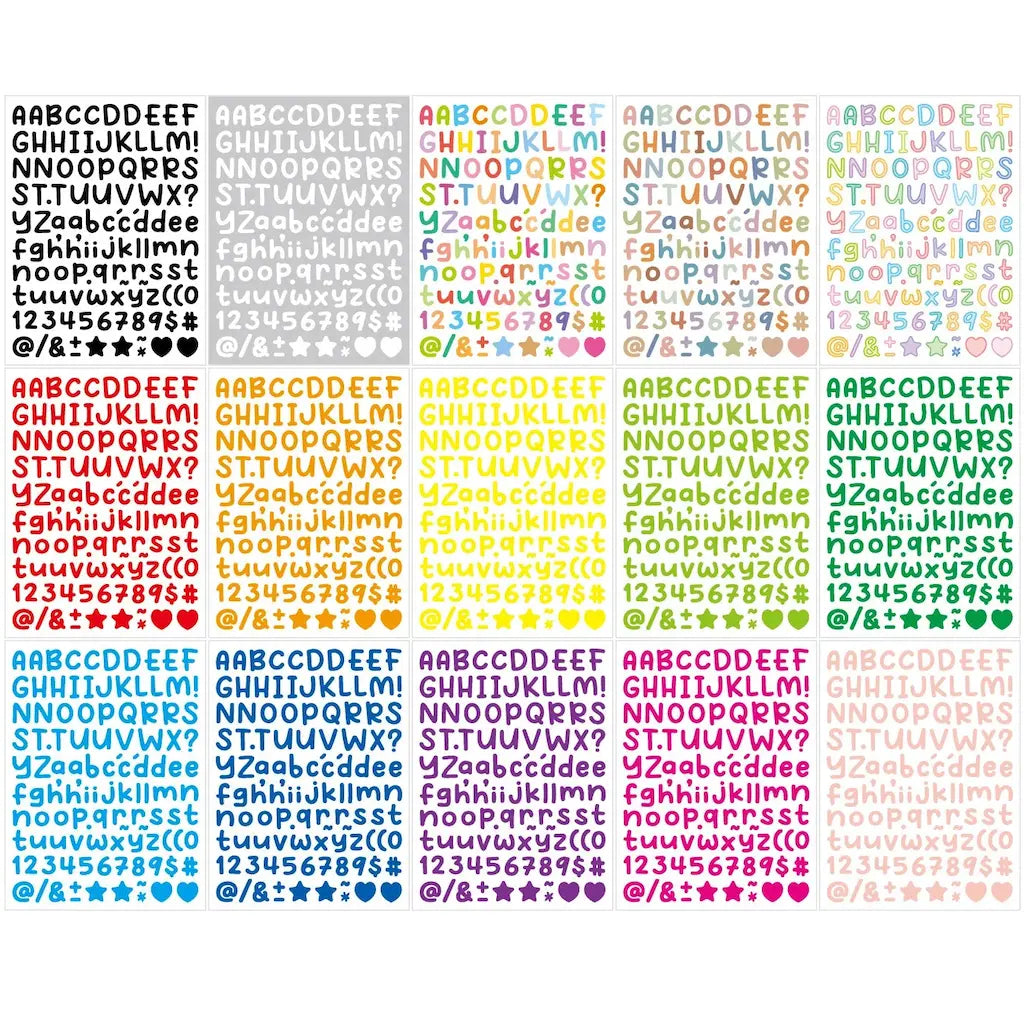 15 planches de stickers alphabet scrapbooking multicolores