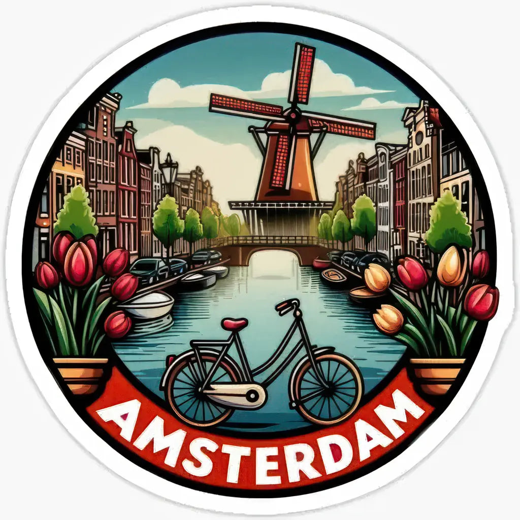 Stickers scrapbook Amsterdam : maisons des canaux, moulin, vélo et tulipes en autocollants vinyle colorés