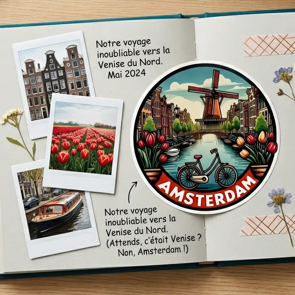 Autocollants Amsterdam en situation sur une page d'album de voyage estivale aux tons turquoise