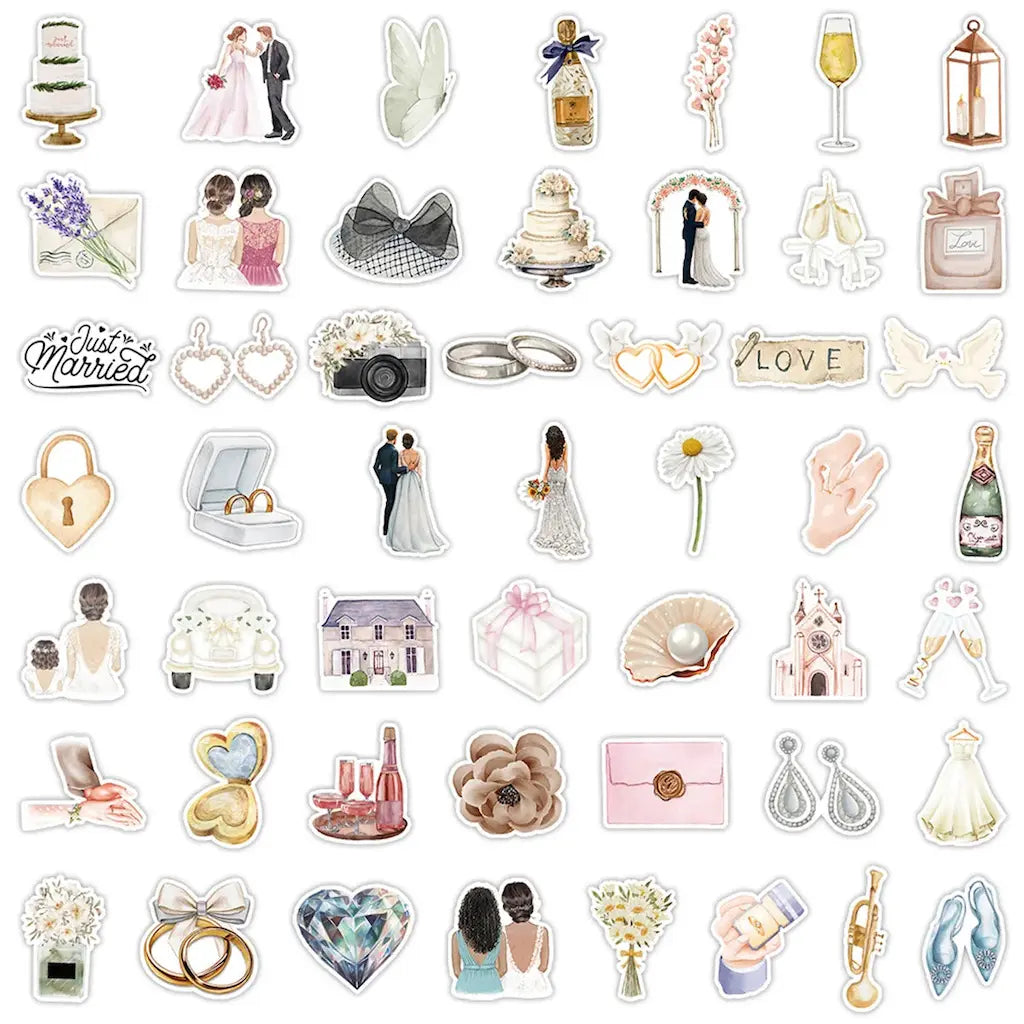 Détail des motifs : alliances, fleurs et robe de mariée, autocollants mariage