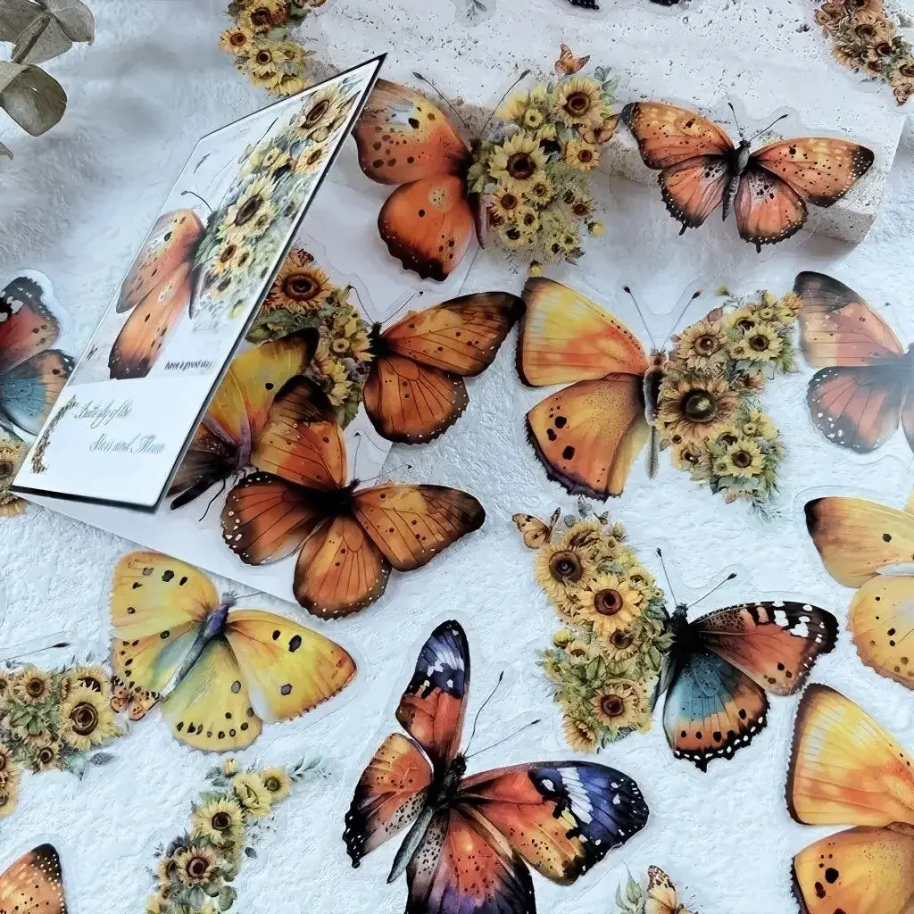 Papillons vintage orange et tournesols pour scrapbooking, autocollants transparents