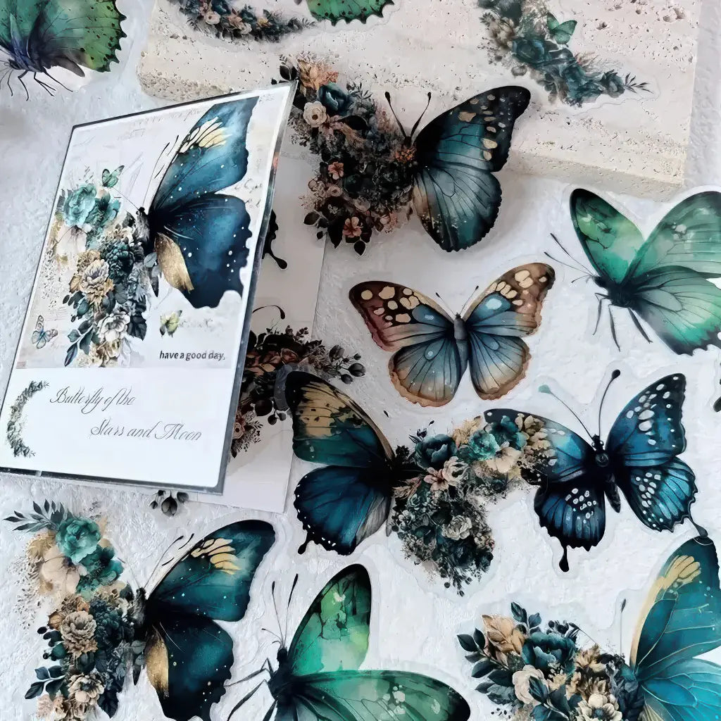 Autocollants papillons vintage bleu canard et fleurs sombres pour scrapbooking