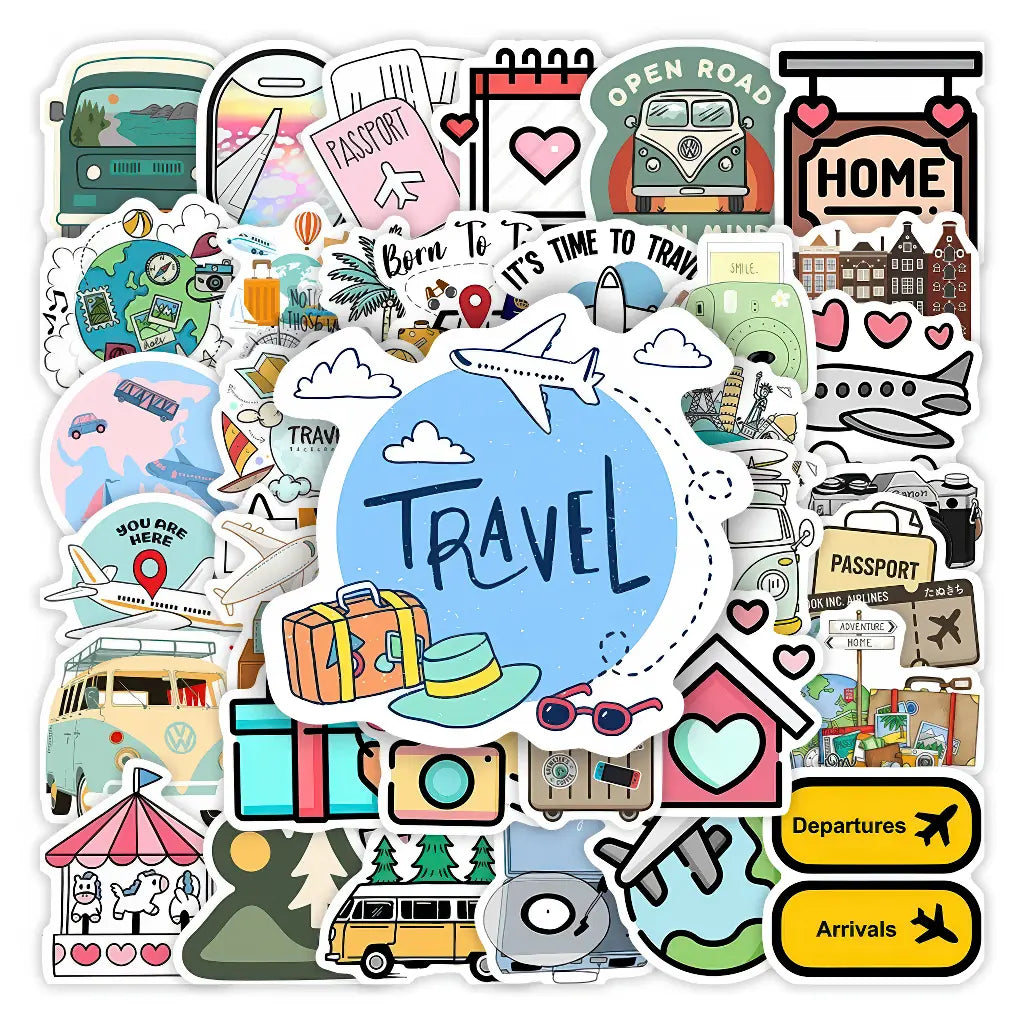 Autocollants scrapbooking voyage : montgolfière, valise, passeport et avions, vue d'ensemble de la collection