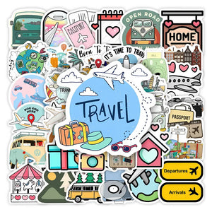Autocollants scrapbooking voyage : montgolfière, valise, passeport et avions, vue d'ensemble de la collection