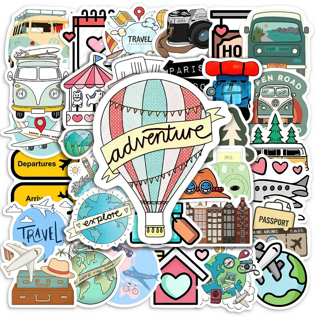 Stickers voyage pour scrapbooking : combis vintage, globes et appareils photo à coller sur albums et carnets