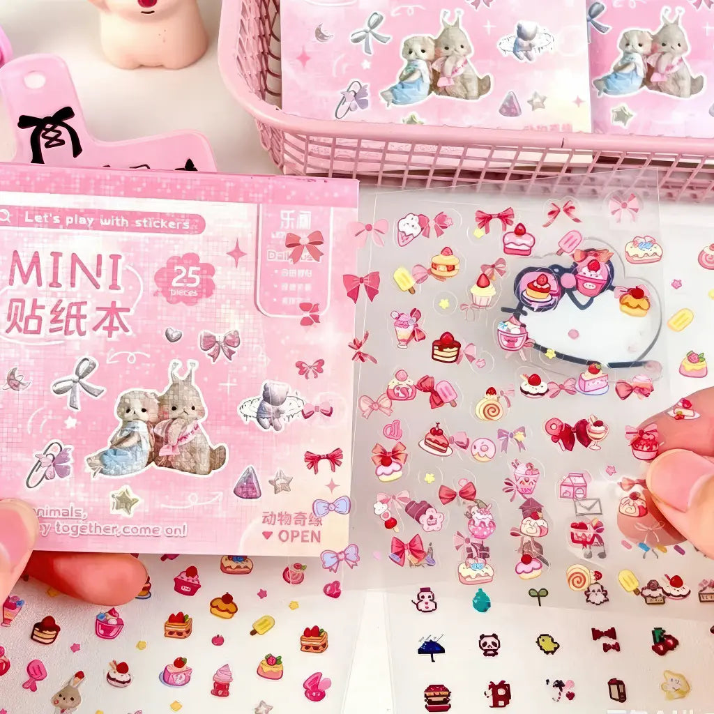 Carnet de stickers scrapbooking rose : mini livret de motifs gourmands et animaux à reflets holographiques