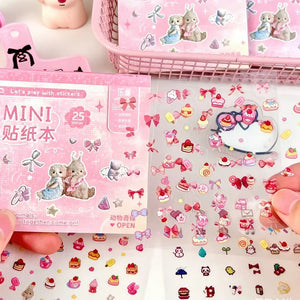 Carnet de stickers scrapbooking rose : mini livret de motifs gourmands et animaux à reflets holographiques