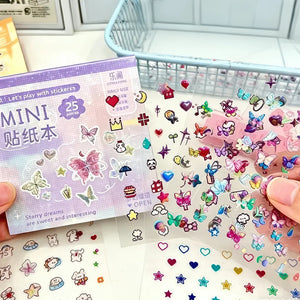 Carnet de stickers scrapbooking violet : mini papillons, cœurs et étoiles à reflets irisés