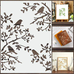Dessin pochoir animaux oiseaux appliqué sur toile, carnet cuir et cadre bois en exemples