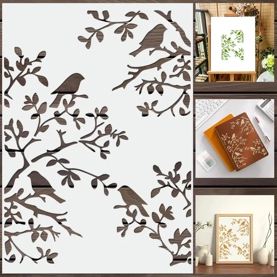 Dessin pochoir animaux oiseaux appliqué sur toile, carnet cuir et cadre bois en exemples