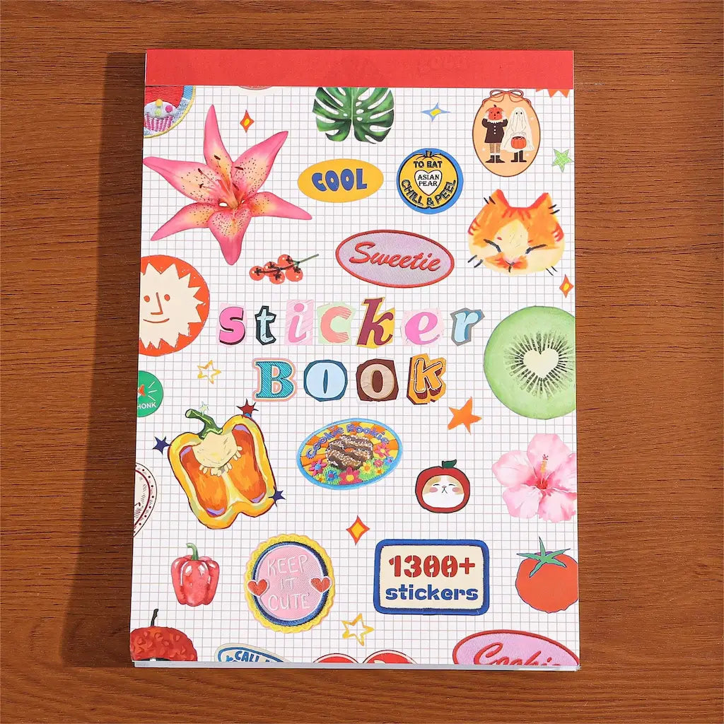 Livre stickers scrapbooking couverture rouge, 1300+ motifs (lys, chat orange, kiwi, poivron, baies)