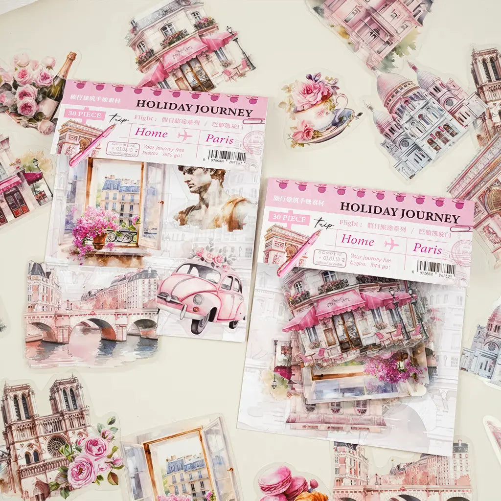 Stickers scrapbooking Paris aquarelle rose : packs voyage avec cafés, voiture rétro et monuments parisiens