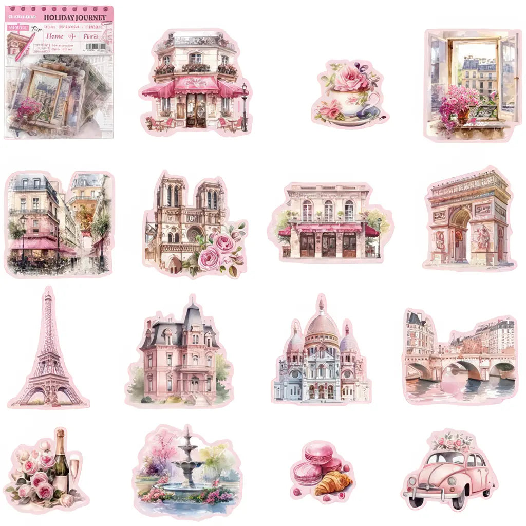Planche d'autocollants Paris transparents : Tour Eiffel, Arc de Triomphe, Sacré-Cœur, macarons et roses