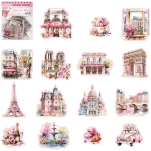 Planche d'autocollants Paris transparents : Tour Eiffel, Arc de Triomphe, Sacré-Cœur, macarons et roses