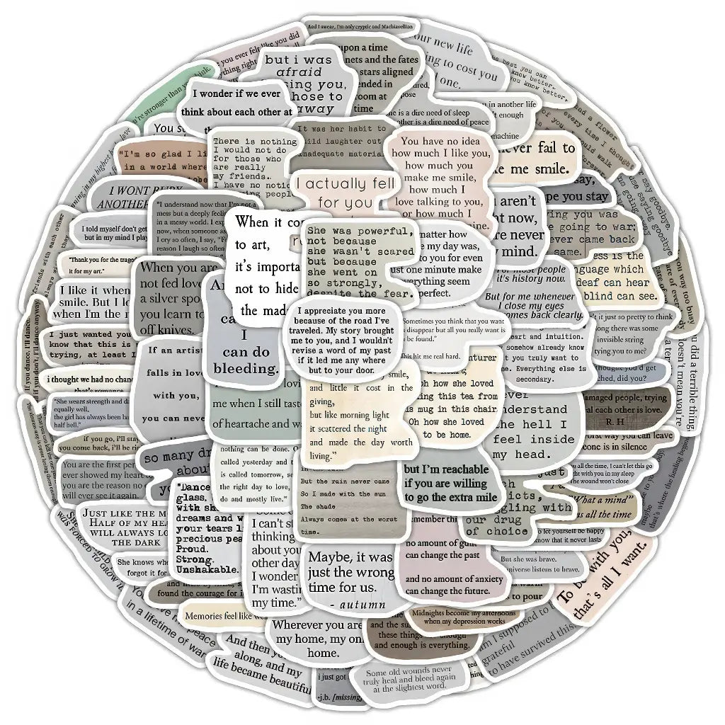Stickers scrapbooking phrase : bulles et extraits de texte sur fond de vieux papier, planche ronde vintage