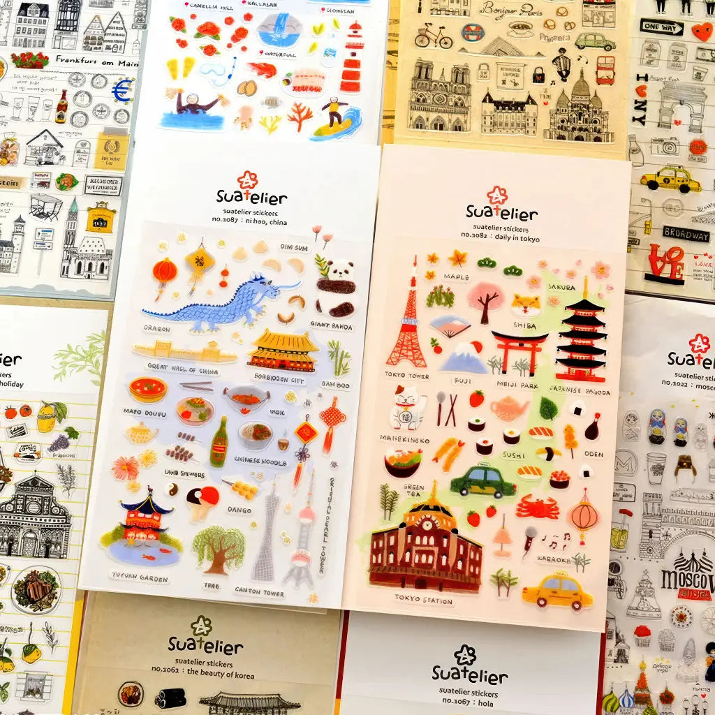 Planches stickers scrapbooking villes du monde : aperçu des destinations, vignettes transparentes