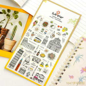 Planche stickers scrapbooking Italie : Colisée, tour de Pise et gastronomie romaine