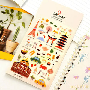 Planche stickers scrapbooking Tokyo : Tour de Tokyo, sushis et sakura, autocollants illustrés