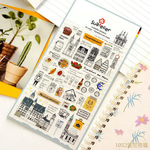 Aperçu des planches stickers de voyage : monuments et scènes urbaines au trait fin