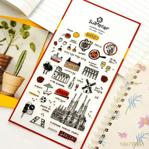Planche stickers scrapbooking Espagne : Sagrada Familia, tapas et paella au trait fin
