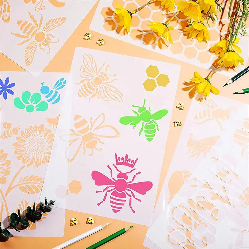 Planche pochoirs abeilles butineuses et fleurs jaunes pour scrapbooking nature