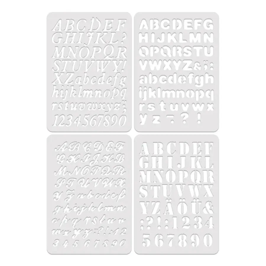Plan rapproché de quatre planches pochoirs alphabet aux polices italique et bâton
