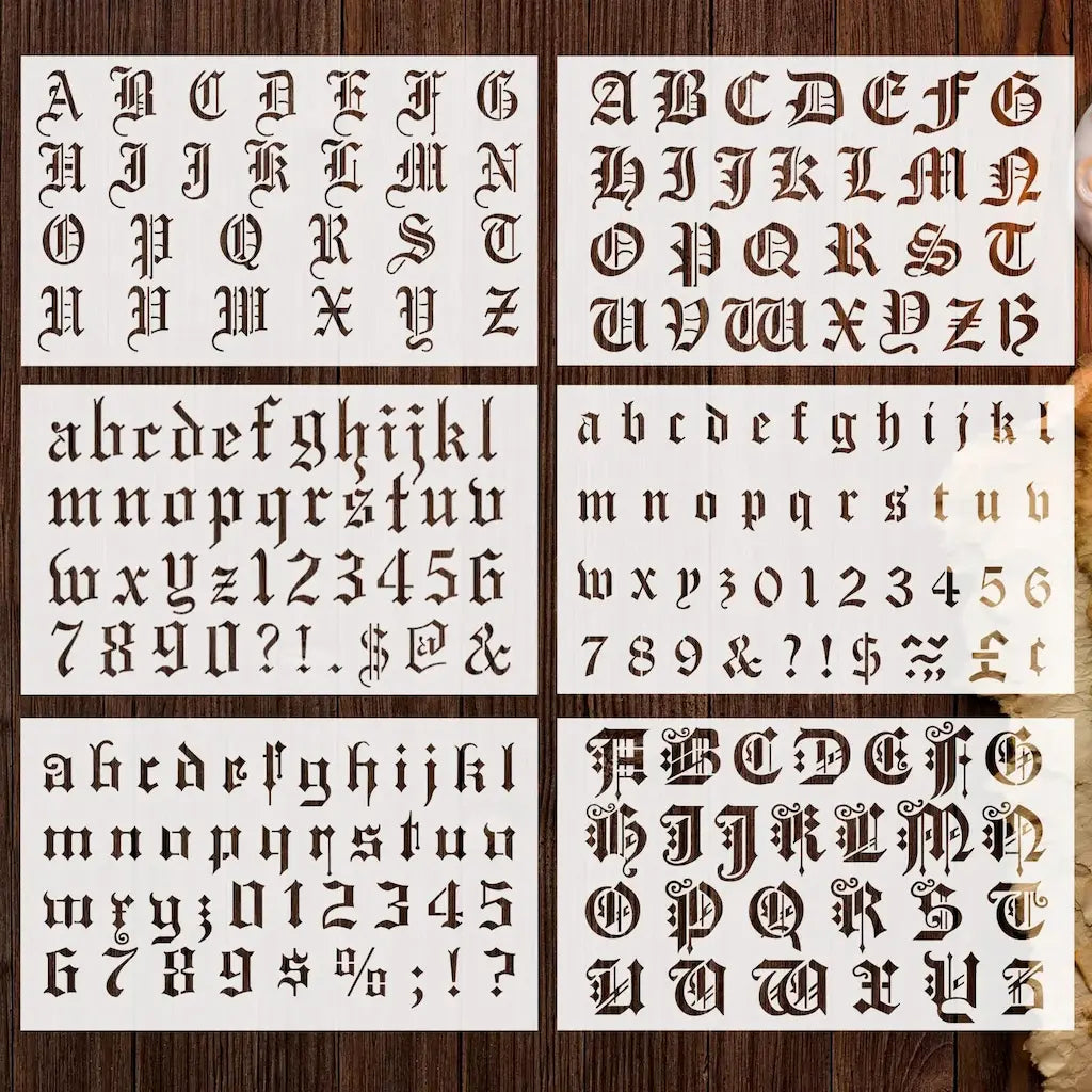 Six planches pochoirs alphabet gothique majuscules minuscules et chiffres pour scrapbooking médiéval
