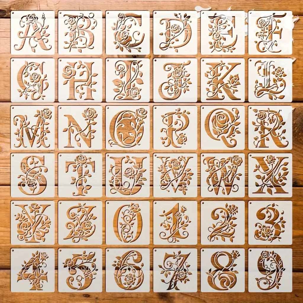 Pochoir alphabet floral lot 36 planches monogramme orné, lettres ornées chiffres décorés feuillage