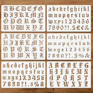 Pochoir alphabet gothique lot 6 planches, majuscules minuscules chiffres et ponctuation