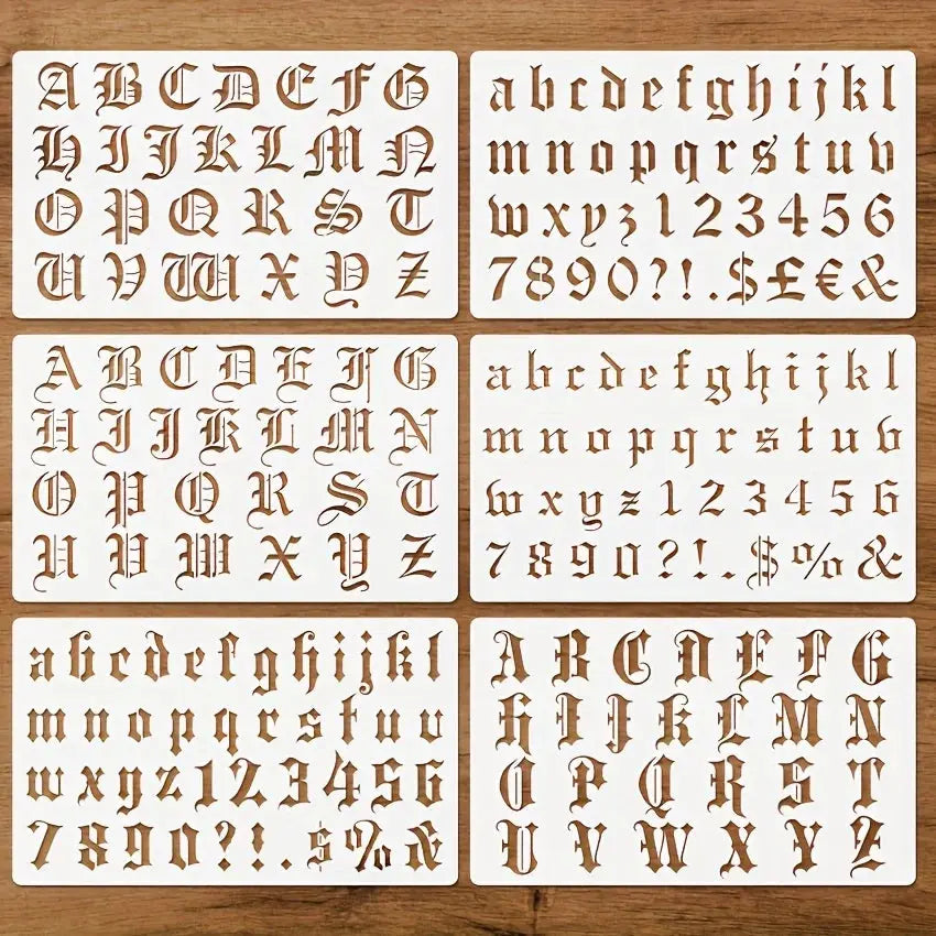Pochoir alphabet gothique lot 6 planches, majuscules minuscules chiffres et ponctuation