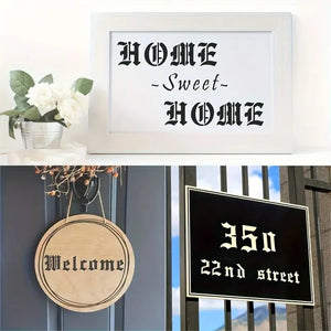 Pochoir alphabet gothique sur pancarte Home Sweet Home encadrée et plaque ronde Welcome