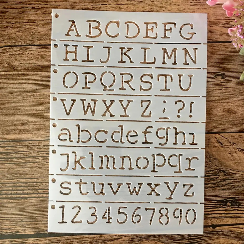 Pochoir alphabet peinture six bandes lettres majuscules minuscules et chiffres, police arrondie