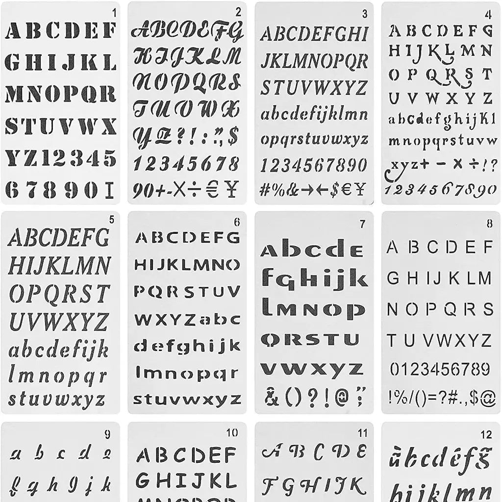 Planches pochoirs alphabet et chiffres en douze styles d'écriture pour scrapbooking