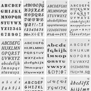 Planches pochoirs alphabet et chiffres en douze styles d'écriture pour scrapbooking