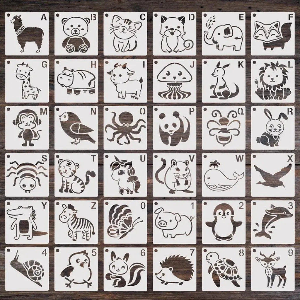 Pochoir animaux cartoon abécédaire 36 animaux mignons, lettre par animal lama panda pingouin