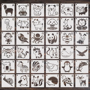 Pochoir animaux cartoon abécédaire 36 animaux mignons, lettre par animal lama panda pingouin