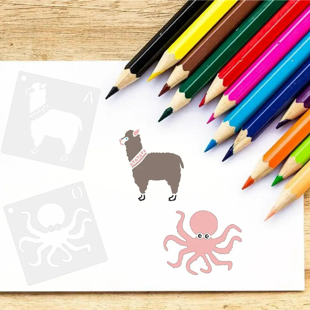 Pochoir animaux cartoon lama et poulpe coloriés au crayon, palette stylos et démonstration