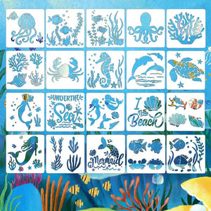 Planche de vingt pochoirs animaux marins, méduse, coraux, sirène et coquillages
